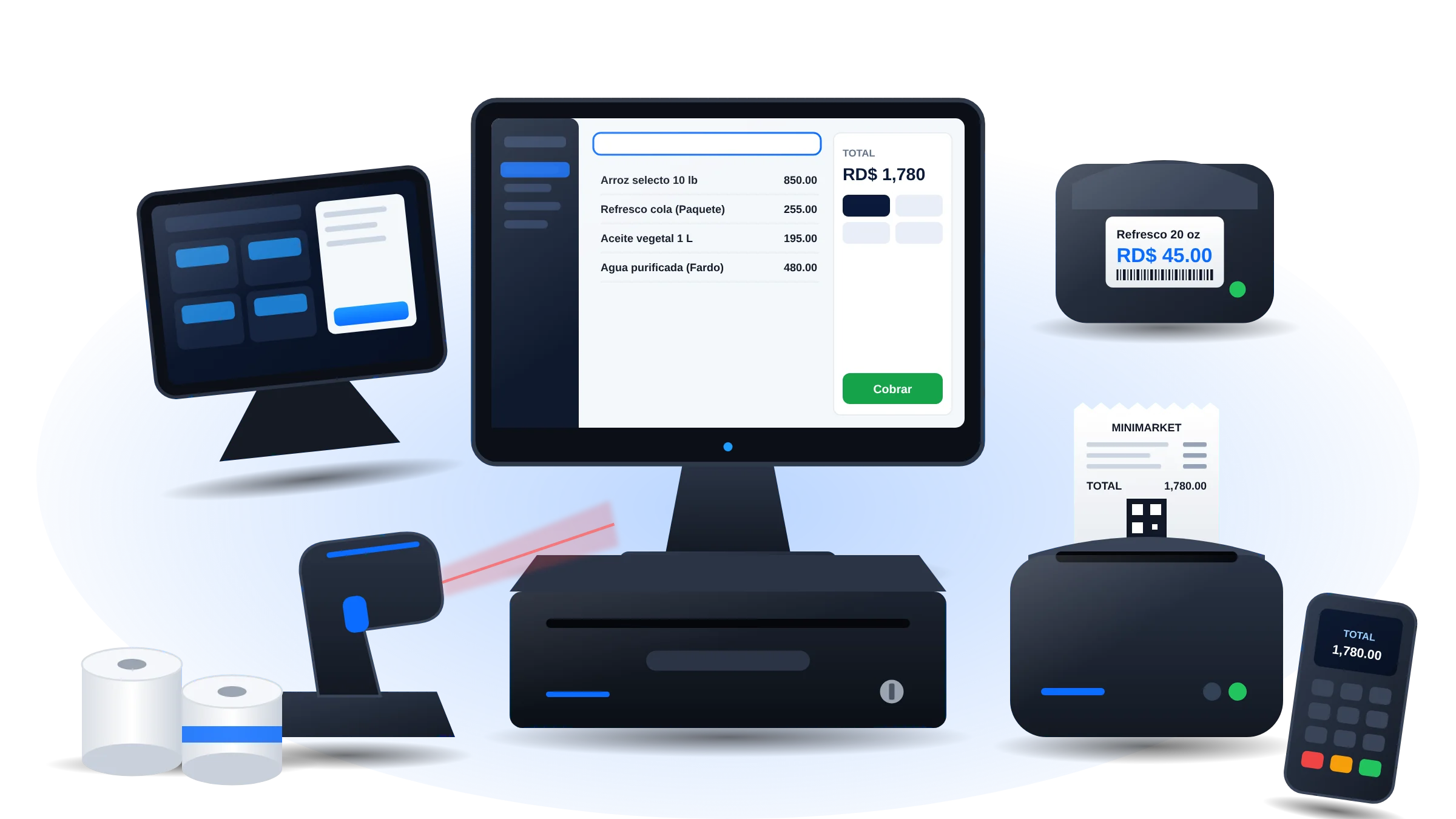 Equipos compatibles: monitor táctil, tablet, lector de código de barras, gaveta de dinero, impresora de tickets, impresora de etiquetas, terminal de tarjetas y rollos de papel térmico