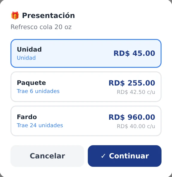 Ventana para elegir la presentación de un refresco: unidad a RD$ 45, paquete de 6 a RD$ 255 o fardo de 24 a RD$ 960