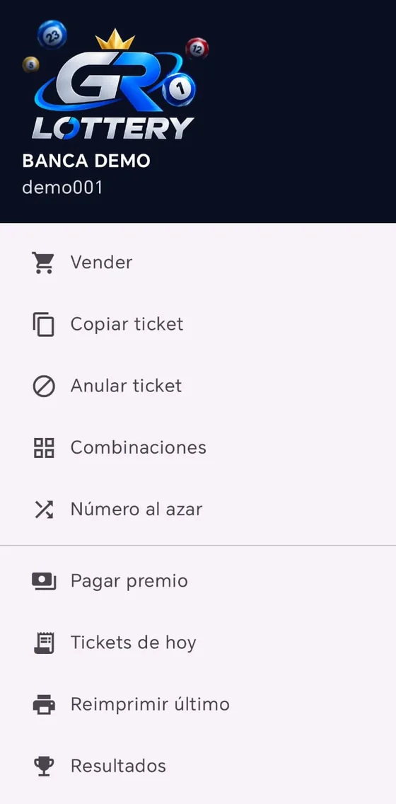 GRLottery POS: menú del vendedor